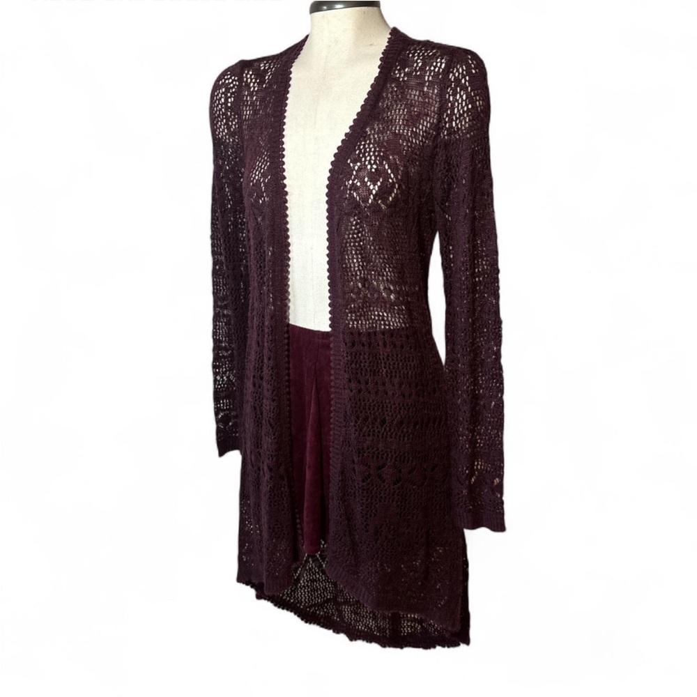 Almost Famous Burgundy Crochet Duster Cardigan Boho Open Knit High Low M